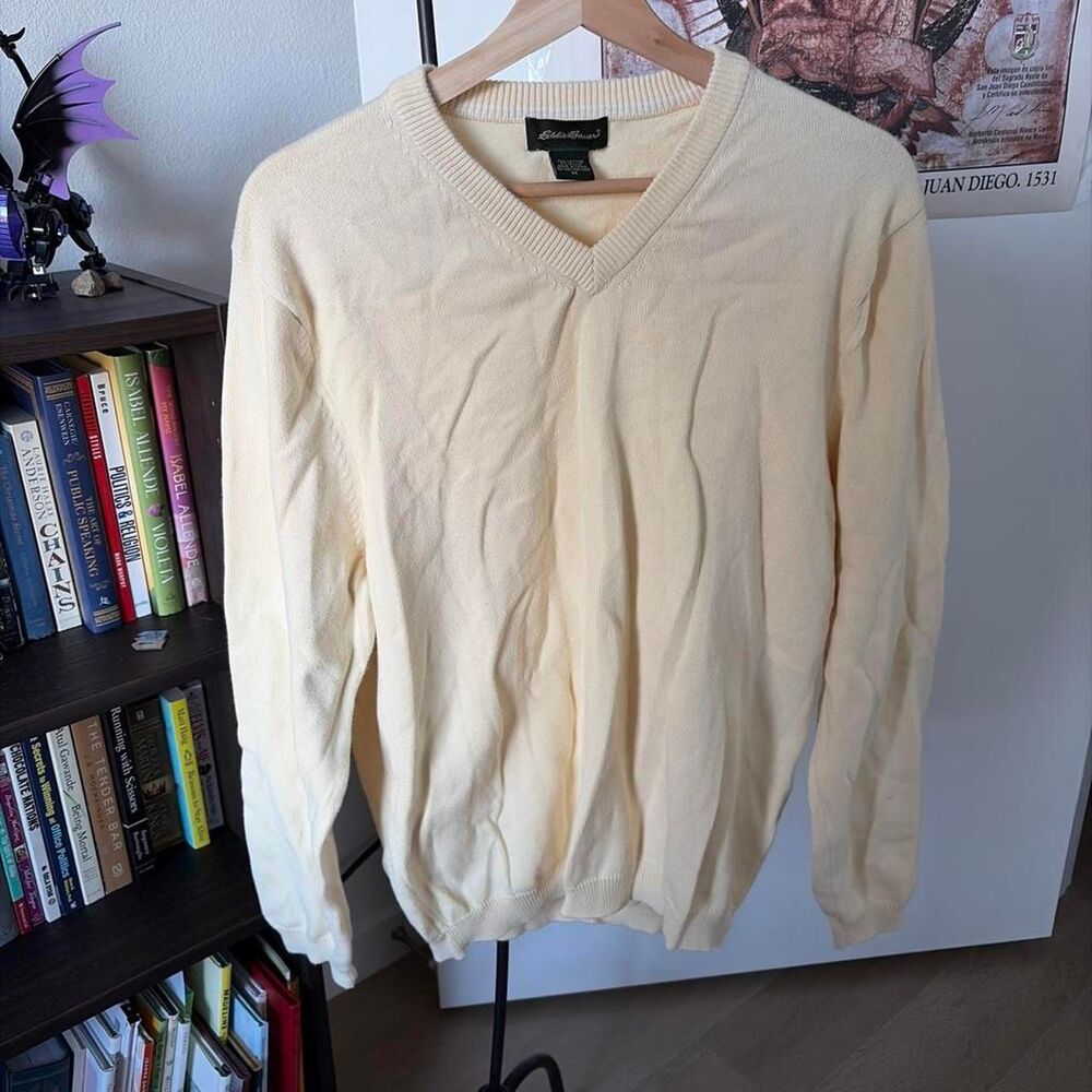 Eddie Bauer Sweater Mens Medium Cream Cable Knit Cotton V Neck